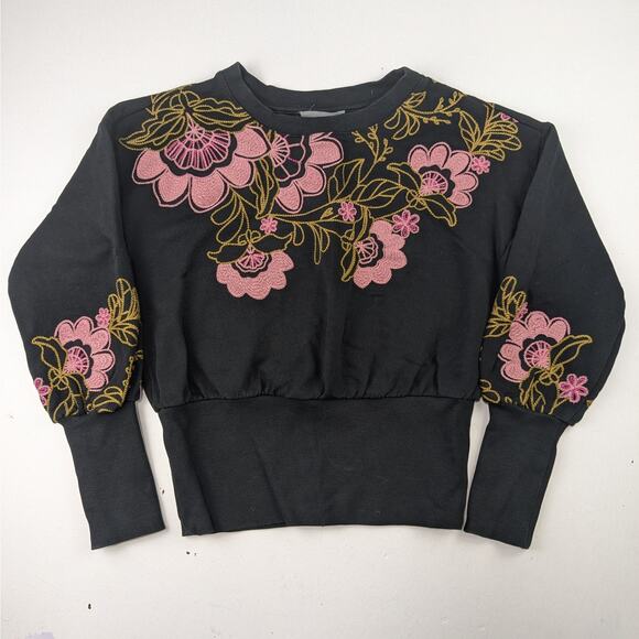 Anthropologie Tops - Anthropologie Free People Boho Embroidered Black Floral Sweatshirt - Women's XS